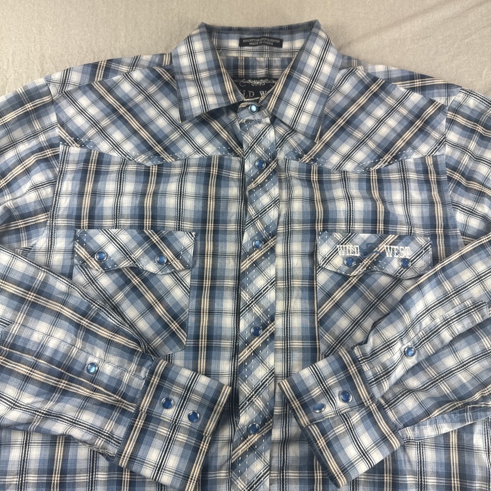 Wild West Western Pearl Snap Shirt Mens M Blue Plaid Long Sleeve Embroidered Top